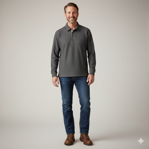 Vtg L.L. Bean Polo Shirt Men XL Tall Beige Herringbone LS Buttons Collar Cottage - Picture 1 of 16